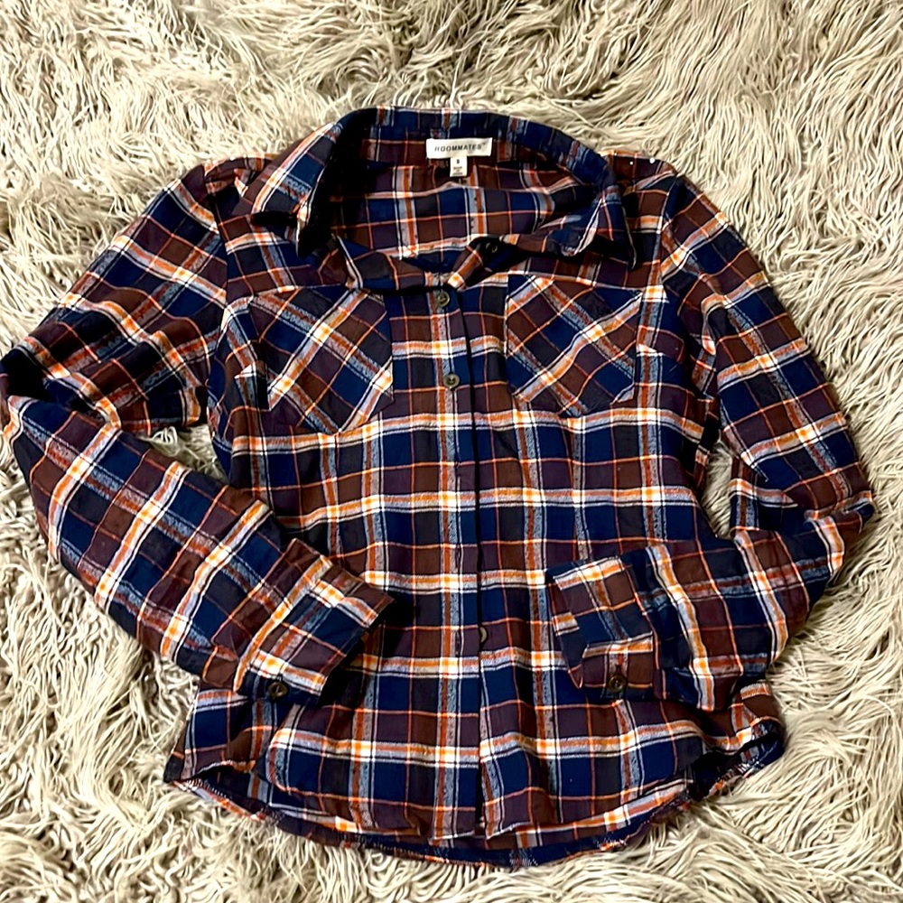 Perfect Fall Flannel. Orange blue & white pattern. Rhinestone back. Gold buttons